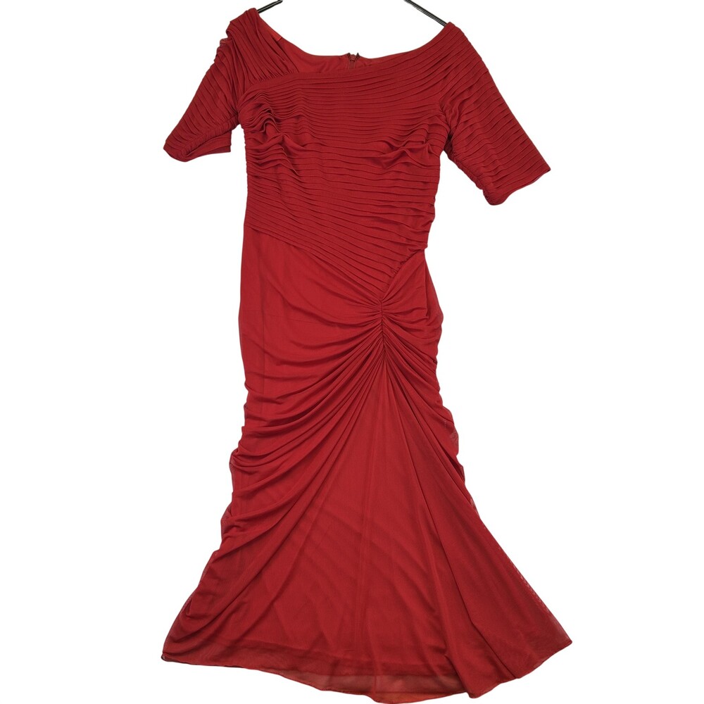 Tadashi Shoji Dress Womens XS Red Ruched Mesh Off Shoulder Bodycon Gown Pintuck